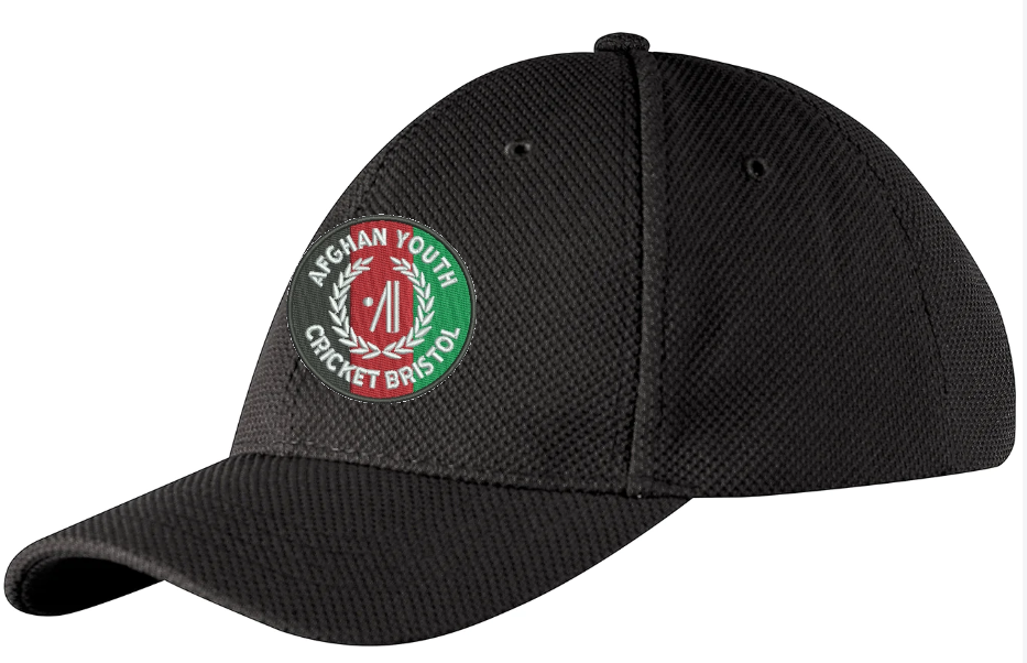 The Gray Nicolls Afghan Youth Cricket Bristol CC Cricket Cap is black, adjustable-fit, and features the Afghan Youth Cricket logo with a red cricket ball, green and red background, and white laurel wreaths.