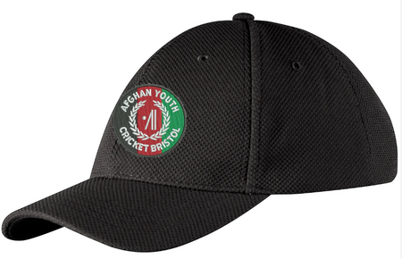 The Gray Nicolls Afghan Youth Cricket Bristol CC Cricket Cap is black, adjustable-fit, and features the Afghan Youth Cricket logo with a red cricket ball, green and red background, and white laurel wreaths.