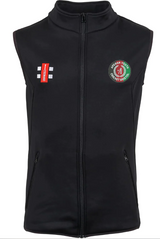 The Gray Nicolls Afghan Youth Cricket Bristol CC Storm Fleece Bodywarmer is a sleeveless black zip-up featuring the Afghanistan Cricket Board logo on the right chest and a sponsor logo with three white stripes on the left—ideal for fans.