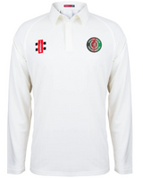 The Gray Nicolls Afghan Youth Cricket Bristol CC Matrix V2 Long Sleeve Cricket Shirt is white with a collar, a green and red club logo on the left chest, and two rectangular black, white, and red badges on the right chest.