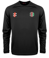 The Gray Nicolls Afghan Youth Cricket Bristol CC Matrix V2 L/S T-Shirt is a black crew neck sports jersey with a vibrant circular club logo on the left chest and two small white rectangles with an orange label on the right, offering comfort and moisture wicking.