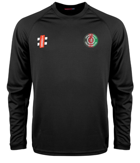 The Gray Nicolls Afghan Youth Cricket Bristol CC Matrix V2 L/S T-Shirt is a black crew neck sports jersey with a vibrant circular club logo on the left chest and two small white rectangles with an orange label on the right, offering comfort and moisture wicking.