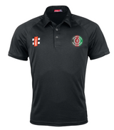 The Gray Nicolls Afghan Youth Cricket Bristol CC Matrix V2 Polo is a black, short-sleeved collared shirt with a circular logo on the left chest, two patches on the right, moisture management, and an athletic fit.