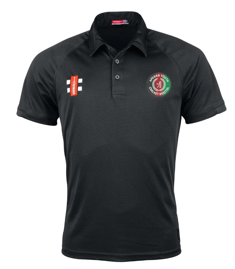 The Gray Nicolls Afghan Youth Cricket Bristol CC Matrix V2 Polo is a black, short-sleeved collared shirt with a circular logo on the left chest, two patches on the right, moisture management, and an athletic fit.