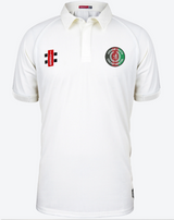 The Gray Nicolls Afghan Youth Cricket Bristol CC Matrix V2 Short Sleeve Match Shirt is a white cricket shirt with short sleeves, a collar, black and red sponsor logos, and an Afghan Youth Cricket green and red emblem on the left chest.