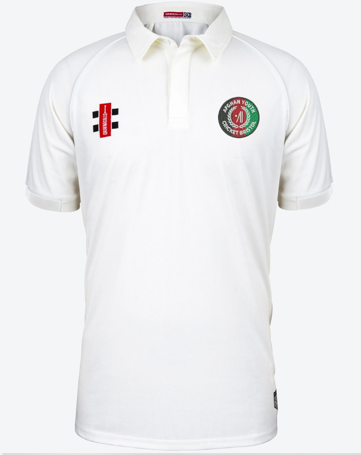 The Gray Nicolls Afghan Youth Cricket Bristol CC Matrix V2 Short Sleeve Match Shirt is a white cricket shirt with short sleeves, a collar, black and red sponsor logos, and an Afghan Youth Cricket green and red emblem on the left chest.