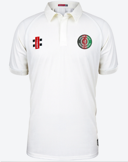 The Gray Nicolls Afghan Youth Cricket Bristol CC Matrix V2 Short Sleeve Match Shirt is a white cricket shirt with short sleeves, a collar, black and red sponsor logos, and an Afghan Youth Cricket green and red emblem on the left chest.