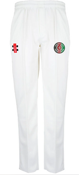 The Gray Nicolls Afghan Youth Cricket Bristol CC Matrix V2 Cricket Trousers feature an elastic waistband, ergonomic design, moisture control, and two embroidered logos: a red-and-black logo on the right thigh and a green-red circular emblem on the left.