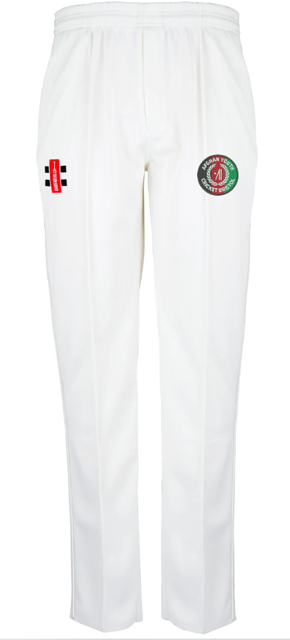 The Gray Nicolls Afghan Youth Cricket Bristol CC Matrix V2 Cricket Trousers feature an elastic waistband, ergonomic design, moisture control, and two embroidered logos: a red-and-black logo on the right thigh and a green-red circular emblem on the left.