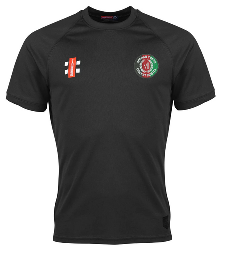 The Afghan Youth Cricket Bristol CC Matrix V2 T-Shirt by Gray Nicolls is a black short-sleeve cricket jersey featuring red and green Afghan Youth Cricket Onlus and white cricket equipment logos, ideal for high intensity training.
