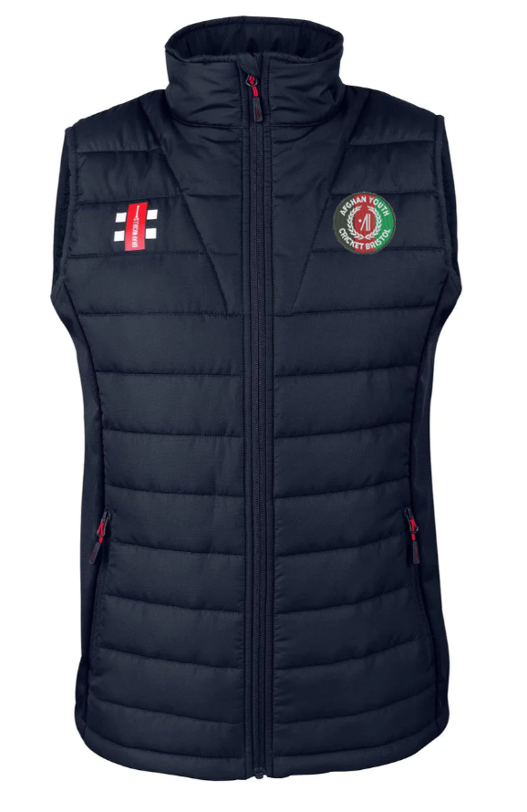 The Gray Nicolls Afghan Youth Cricket Bristol CC Pro Performance Bodywarmer is a sleeveless black vest with a front zipper, two zippered side pockets, and embroidered chest patches of a cricket bat/stumps and a circular logo with red emblem.