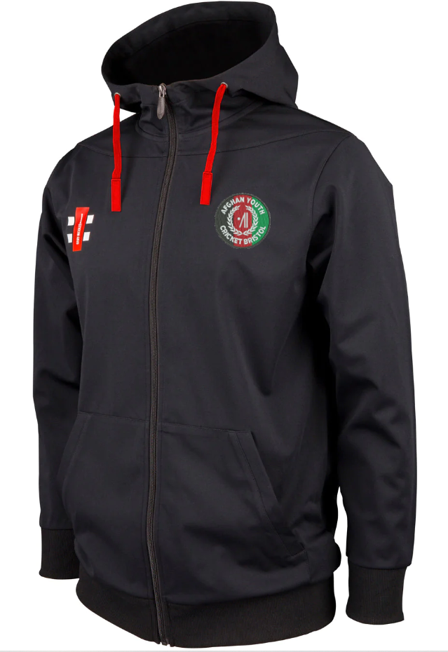 The Gray Nicolls Afghan Youth Cricket Bristol CC Pro Performance Hoodie is black with red drawstrings, features the team logo on the left chest, a white and red emblem on the right, and has front pockets.