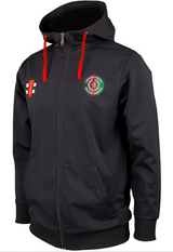 The Gray Nicolls Afghan Youth Cricket Bristol CC Pro Performance Hoodie is black with red drawstrings, features the team logo on the left chest, a white and red emblem on the right, and has front pockets.