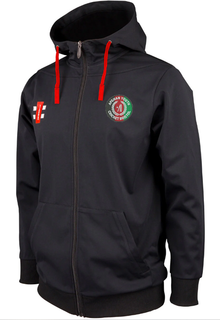 The Gray Nicolls Afghan Youth Cricket Bristol CC Pro Performance Hoodie is black with red drawstrings, features the team logo on the left chest, a white and red emblem on the right, and has front pockets.