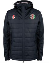 The Gray Nicolls Afghan Youth Cricket Bristol CC Pro Performance Jacket is a black, hooded zip-up with front horizontal quilting, featuring a red and white cricket bat logo on the right chest and a green round logo with text and red detail on the left.