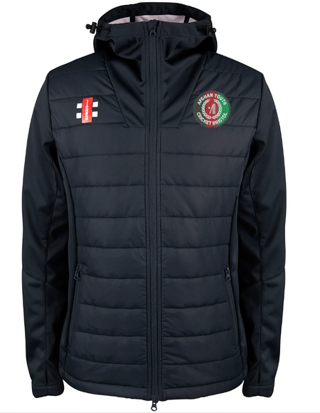 The Gray Nicolls Afghan Youth Cricket Bristol CC Pro Performance Jacket is a black, hooded zip-up with front horizontal quilting, featuring a red and white cricket bat logo on the right chest and a green round logo with text and red detail on the left.