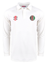 The Gray Nicolls Afghan Youth Cricket Bristol CC Pro Performance V2 L/S Cricket Shirt is a long-sleeved, white shirt with a collar, anti-UV fabric, a red and green circular logo left chest, and black/red rectangular logo right chest.