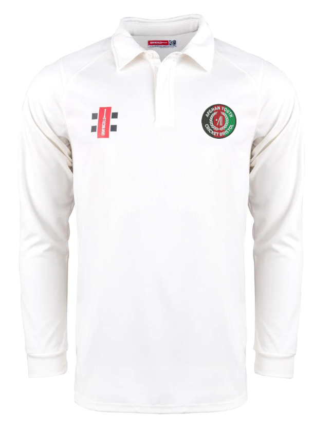 The Gray Nicolls Afghan Youth Cricket Bristol CC Pro Performance V2 L/S Cricket Shirt is a long-sleeved, white shirt with a collar, anti-UV fabric, a red and green circular logo left chest, and black/red rectangular logo right chest.