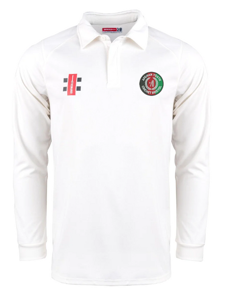 The Gray Nicolls Afghan Youth Cricket Bristol CC Pro Performance V2 L/S Cricket Shirt is a long-sleeved, white shirt with a collar, anti-UV fabric, a red and green circular logo left chest, and black/red rectangular logo right chest.