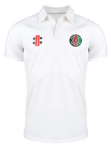 The Gray Nicolls Afghan Youth Cricket Bristol CC Pro Performance Short Sleeved Shirt is white with a collar, red logo on the right chest, and an Afghan Youth Cricket green and red emblem on the left chest.