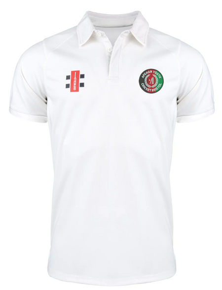 The Gray Nicolls Afghan Youth Cricket Bristol CC Pro Performance Short Sleeved Shirt is white with a collar, red logo on the right chest, and an Afghan Youth Cricket green and red emblem on the left chest.
