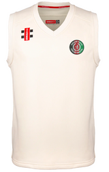 The Gray Nicolls Afghan Youth Cricket Bristol CC Pro Performance Slipover is a sleeveless white top, featuring a red and black logo on the left chest and a round badge with green and red accents on the right, shown on a plain white background.