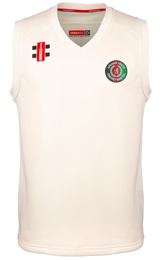 The Gray Nicolls Afghan Youth Cricket Bristol CC Pro Performance Slipover is a sleeveless white top, featuring a red and black logo on the left chest and a round badge with green and red accents on the right, shown on a plain white background.