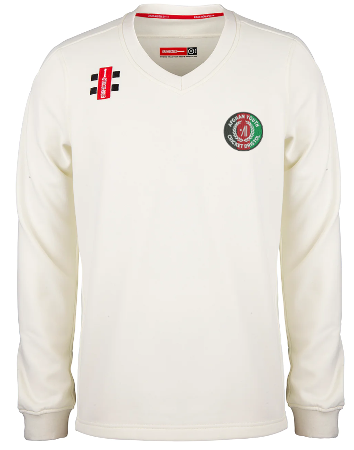 The Gray Nicolls Afghan Youth Cricket Bristol CC Pro Performance Sweater is an off-white, long-sleeved V-neck featuring the Bristol CC logo and two small rectangular chest patches.