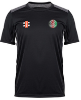 The Gray Nicolls Afghan Youth Cricket Bristol CC Pro Performance T-Shirt is black with short sleeves, features a logo on the right chest, a green and red Afghan Youth Cricket emblem on the left, plus grey mesh accents on shoulders and sides.