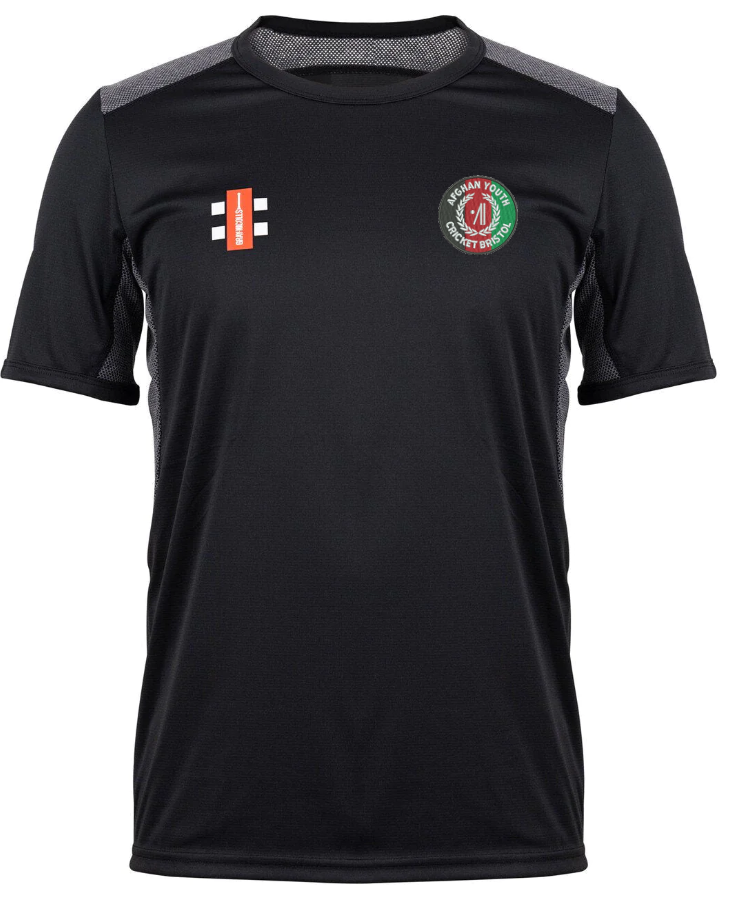 The Gray Nicolls Afghan Youth Cricket Bristol CC Pro Performance T-Shirt is black with short sleeves, features a logo on the right chest, a green and red Afghan Youth Cricket emblem on the left, plus grey mesh accents on shoulders and sides.