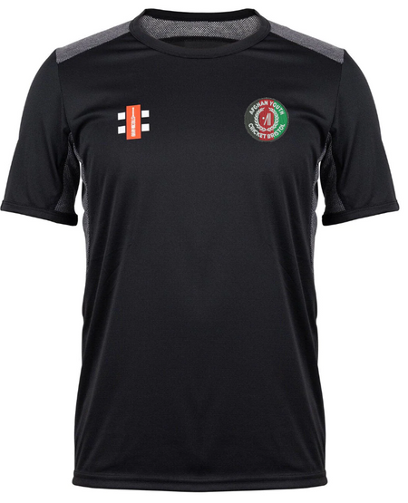 The Gray Nicolls Afghan Youth Cricket Bristol CC Pro Performance T-Shirt is black with short sleeves, features a logo on the right chest, a green and red Afghan Youth Cricket emblem on the left, plus grey mesh accents on shoulders and sides.