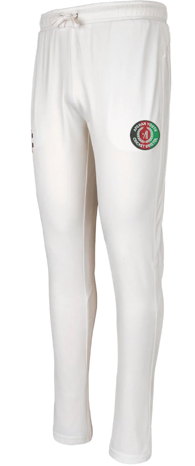 Gray Nicolls Afghan Youth Cricket Bristol CC Pro Performance trousers feature white fabric, elastic waistband with drawstring, and a logo patch on the upper left thigh with a red, green, and black circular design. Shown on a white background.