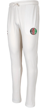 Gray Nicolls Afghan Youth Cricket Bristol CC Pro Performance trousers feature white fabric, elastic waistband with drawstring, and a logo patch on the upper left thigh with a red, green, and black circular design. Shown on a white background.