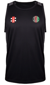 The Gray Nicolls Afghan Youth Cricket Bristol CC Pro Performance Vest is a black, sleeveless moisture-wicking training vest. It features a red logo with white stripes on the left chest and a round green-bordered cricket emblem on the right.