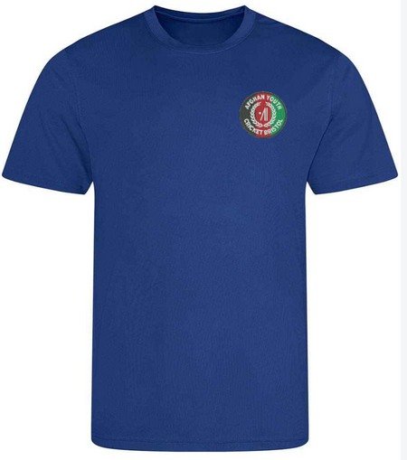 The PenCarrie Afghan Youth Cricket Bristol CC Royal T-Shirt features a circular left-chest logo with "AFGHAN YOUTH CRICKET DROSH" around a red cricket ball—perfect as a classic cricket club shirt.