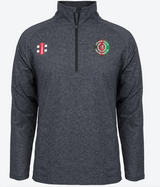 The Afghan Youth Cricket Bristol CC Velocity Mid Layer by Gray Nicolls is a dark grey quarter-zip pullover with a high collar, red and white logo on the right chest, and a circular green and red "Sweden Youth Cricket Federation" logo on the left chest.