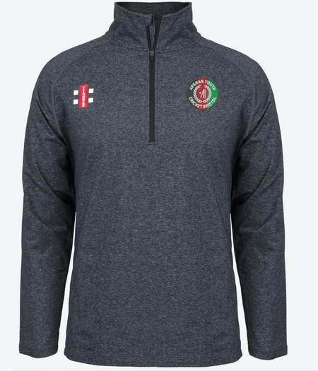 The Afghan Youth Cricket Bristol CC Velocity Mid Layer by Gray Nicolls is a dark grey quarter-zip pullover with a high collar, red and white logo on the right chest, and a circular green and red "Sweden Youth Cricket Federation" logo on the left chest.