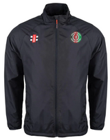 The Gray Nicolls Afghan Youth Cricket Bristol CC Velocity Rain Jacket is a black zip-up jacket with long sleeves, red and white logo on the left chest, green and red emblem on the right chest, stand-up collar, and side pockets.