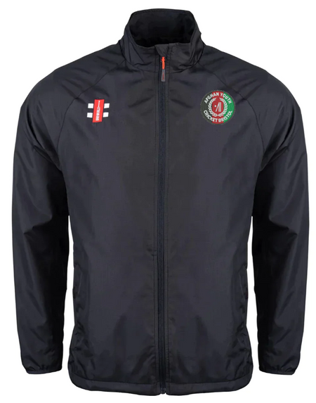 The Gray Nicolls Afghan Youth Cricket Bristol CC Velocity Rain Jacket is a black zip-up jacket with long sleeves, red and white logo on the left chest, green and red emblem on the right chest, stand-up collar, and side pockets.