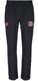 The Gray Nicolls Afghan Youth Cricket Bristol CC Velocity Track Trouser features an elastic waistband, a red and white emblem on the left thigh, and a green-red circular logo with text on the right—ideal for cricket training.