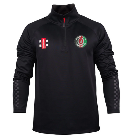 The Gray Nicolls Afghan Youth Cricket Bristol CC Pro Thermo Fleece is a black long-sleeve pullover with a zip-up red collar, Bristol CC crest on the left chest, two logos on the right chest and sleeve, and subtle checkered sleeves.