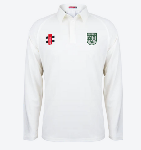 The Martin Berrill Sports Alvington & Woolaston CC Matrix V2 Long Sleeve Cricket Shirt is a moisture-wicking white shirt with a collar, green and white crest on the left chest, and red/black logo on the right. Plain white background.