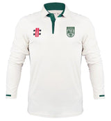 The Gray Nicolls Alvington & Woolaston Pro Performance V3 Long Sleeve Shirt is a white cricket jersey with green collar and cuffs, wicking technology, a left-chest badge, and a right-chest logo for comfort and style.