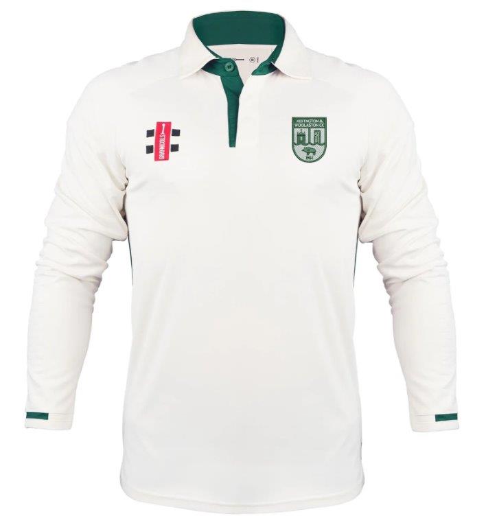 The Gray Nicolls Alvington & Woolaston Pro Performance V3 Long Sleeve Shirt is a white cricket jersey with green collar and cuffs, wicking technology, a left-chest badge, and a right-chest logo for comfort and style.