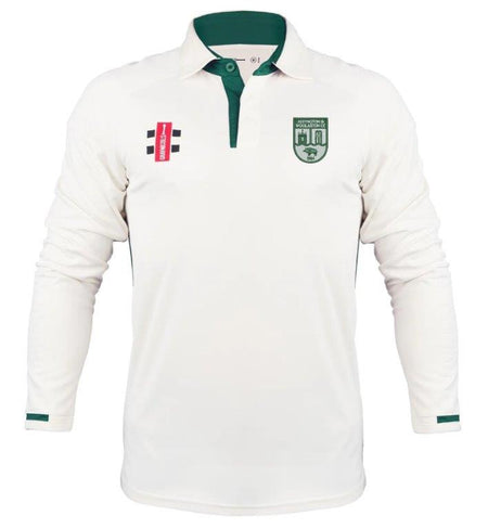 The Gray Nicolls Alvington & Woolaston Pro Performance V3 Long Sleeve Shirt is a white cricket jersey with green collar and cuffs, wicking technology, a left-chest badge, and a right-chest logo for comfort and style.