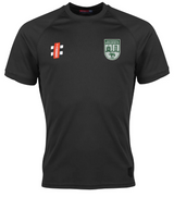 The Alvington & Woolaston Matrix V2 T-Shirt by Gray Nicolls is a black, short-sleeve sports jersey with moisture-wicking fabric, featuring green and white shield and red and white logos on the chest. Displayed on a white background.