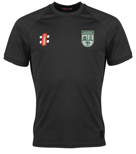 The Alvington & Woolaston Matrix V2 T-Shirt by Gray Nicolls is a black, short-sleeve sports jersey with moisture-wicking fabric, featuring green and white shield and red and white logos on the chest. Displayed on a white background.