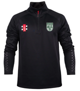 Stay dry and comfortable in the Gray Nicolls Alvington & Woolaston Pro Thermo Fleece—a black 1/4 zip pullover with red zip, dual chest logos, checkered lower sleeves, and wicking fabric for ultimate athletic performance.