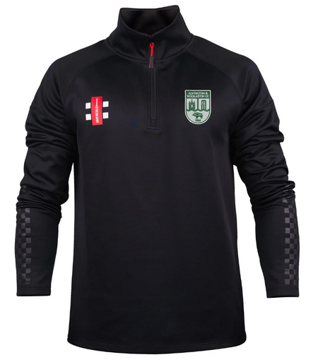 Stay dry and comfortable in the Gray Nicolls Alvington & Woolaston Pro Thermo Fleece—a black 1/4 zip pullover with red zip, dual chest logos, checkered lower sleeves, and wicking fabric for ultimate athletic performance.