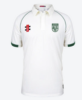 The Alvington & Woolaston CC Matrix V2 Short Sleeve Cricket Shirt by Martin Berrill Sports is a white, athletic-fit shirt with green trim, collar, club crest on the left chest, and a red-and-black cross logo on the right. Moisture-wicking fabric keeps you dry.